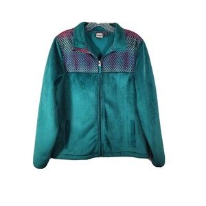 Fila Sport Womens Medium Fleece Full Zip Up Jacket Teal Green Pink Fuzzy Soft